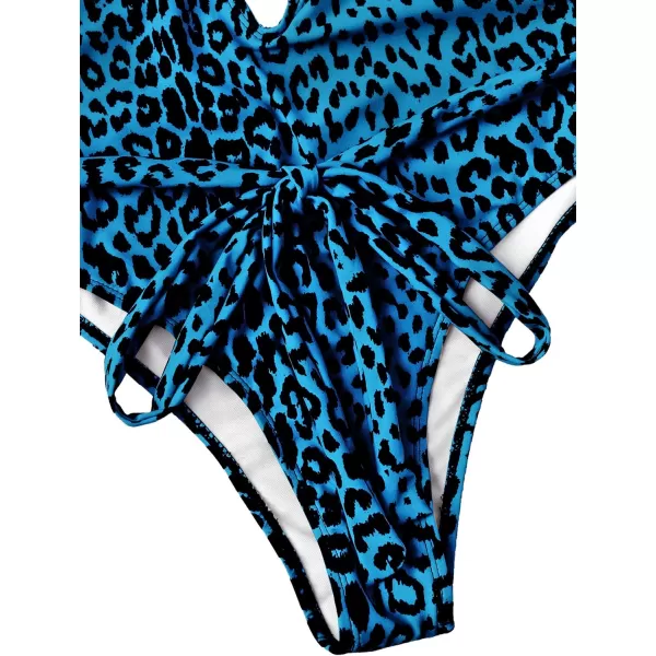 SweatyRocks Women's Sexy Bathing Suits Criss Cross Tie Knot Front Deep V Open Back Leopard One Piece Swimwear