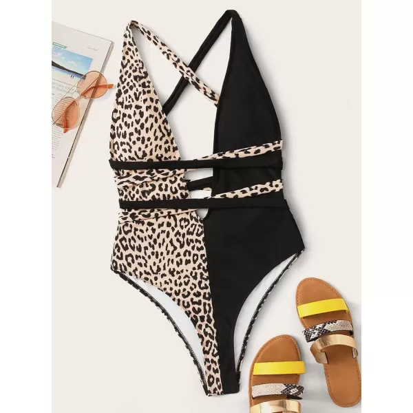 SweatyRocks Women's Sexy Bathing Suits Criss Cross Tie Knot Front Deep V Open Back Leopard One Piece Swimwear