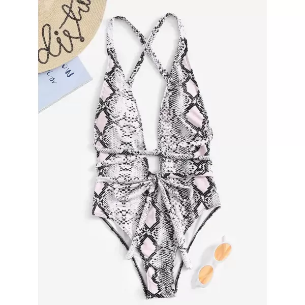 SweatyRocks Women's Sexy Bathing Suits Criss Cross Tie Knot Front Deep V Open Back Leopard One Piece Swimwear