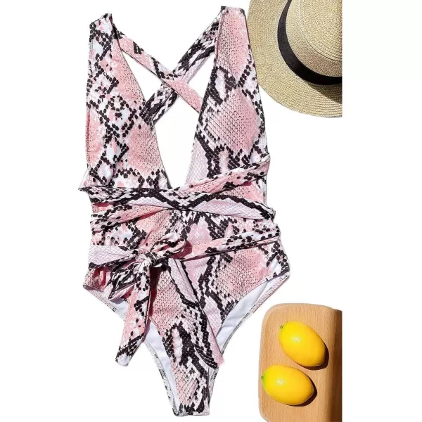 SweatyRocks Women's Sexy Bathing Suits Criss Cross Tie Knot Front Deep V Open Back Leopard One Piece Swimwear