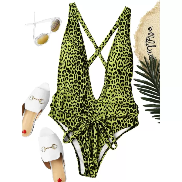SweatyRocks Women's Sexy Bathing Suits Criss Cross Tie Knot Front Deep V Open Back Leopard One Piece Swimwear