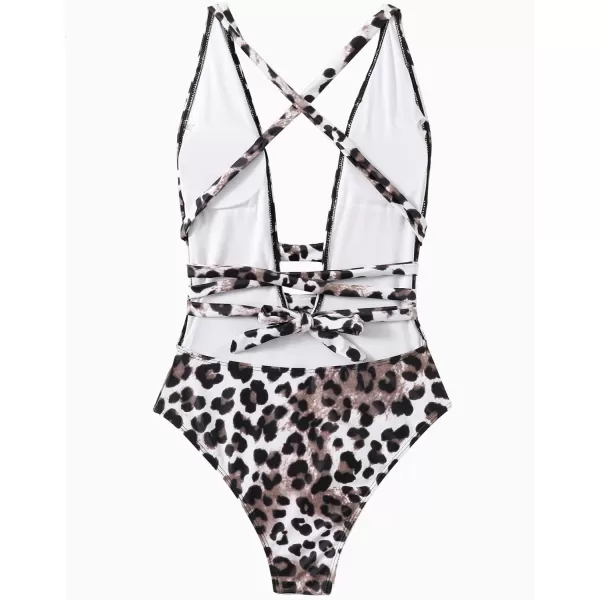SweatyRocks Women's Sexy Bathing Suits Criss Cross Tie Knot Front Deep V Open Back Leopard One Piece Swimwear