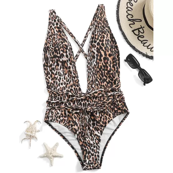 SweatyRocks Women's Sexy Bathing Suits Criss Cross Tie Knot Front Deep V Open Back Leopard One Piece Swimwear