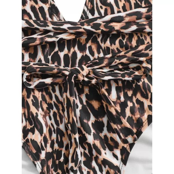 SweatyRocks Women's Sexy Bathing Suits Criss Cross Tie Knot Front Deep V Open Back Leopard One Piece Swimwear