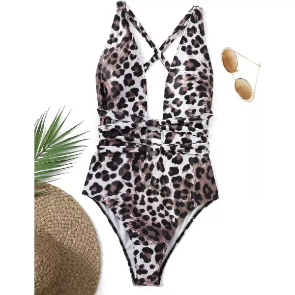 SweatyRocks Women's Sexy Bathing Suits Criss Cross Tie Knot Front Deep V Open Back Leopard One Piece Swimwear