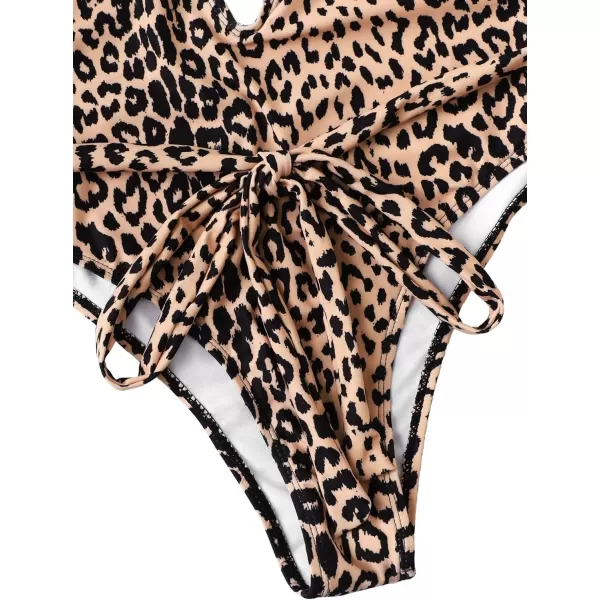 SweatyRocks Women's Sexy Bathing Suits Criss Cross Tie Knot Front Deep V Open Back Leopard One Piece Swimwear