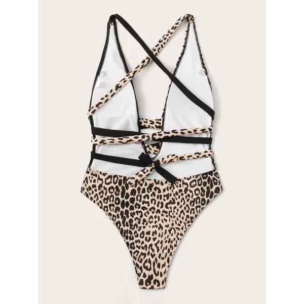 SweatyRocks Women's Sexy Bathing Suits Criss Cross Tie Knot Front Deep V Open Back Leopard One Piece Swimwear