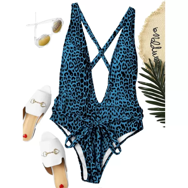 SweatyRocks Women's Sexy Bathing Suits Criss Cross Tie Knot Front Deep V Open Back Leopard One Piece Swimwear