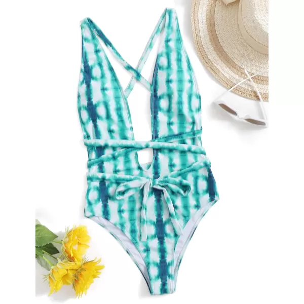 SweatyRocks Women's Sexy Bathing Suits Criss Cross Tie Knot Front Deep V Open Back Leopard One Piece Swimwear