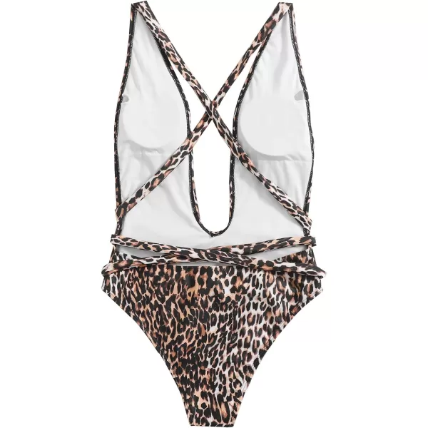 SweatyRocks Women's Sexy Bathing Suits Criss Cross Tie Knot Front Deep V Open Back Leopard One Piece Swimwear