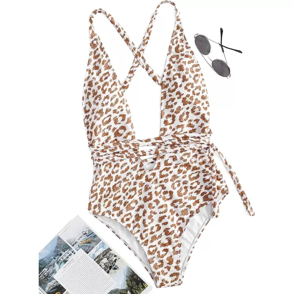 SweatyRocks Women's Sexy Bathing Suits Criss Cross Tie Knot Front Deep V Open Back Leopard One Piece Swimwear