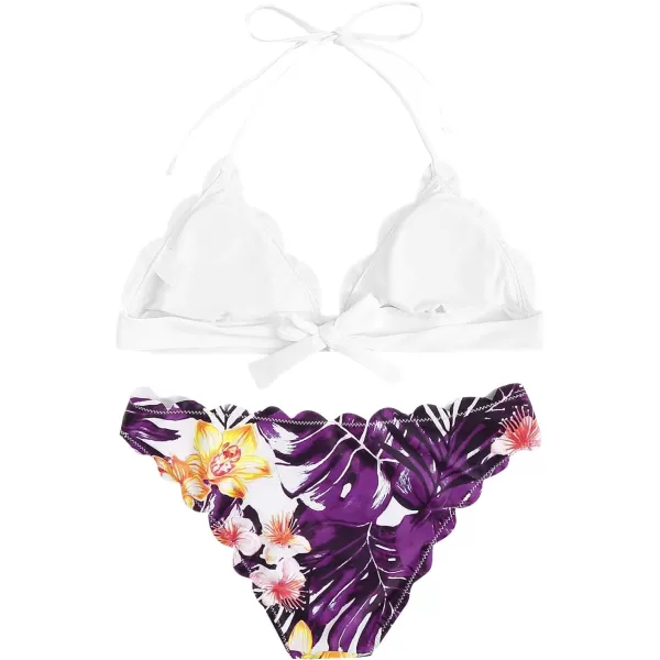 SweatyRocks Women's Sexy Bathing Suits Scallop Halter Bikini Top Floral Print Two Piece Swimsuits