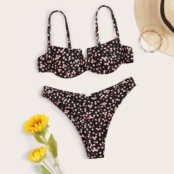 SweatyRocks Women's Sexy Bathing Suits Spaghetti Strap Floral Bikini Set Underwire Swimsuit