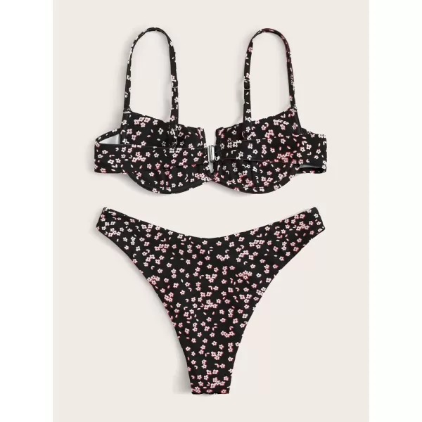SweatyRocks Women's Sexy Bathing Suits Spaghetti Strap Floral Bikini Set Underwire Swimsuit