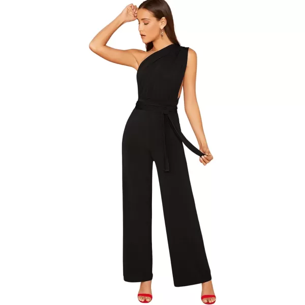 SweatyRocks Women's Sexy Deep V Neck Sleeveless Halter Jumpsuit Backless High Waist Wide Leg Romper