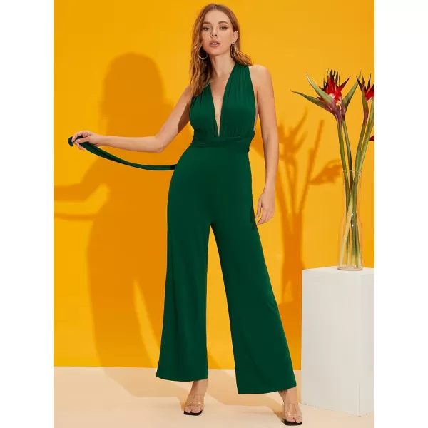 SweatyRocks Women's Sexy Deep V Neck Sleeveless Halter Jumpsuit Backless High Waist Wide Leg Romper