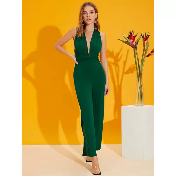 SweatyRocks Women's Sexy Deep V Neck Sleeveless Halter Jumpsuit Backless High Waist Wide Leg Romper