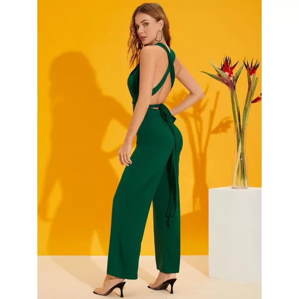 SweatyRocks Women's Sexy Deep V Neck Sleeveless Halter Jumpsuit Backless High Waist Wide Leg Romper