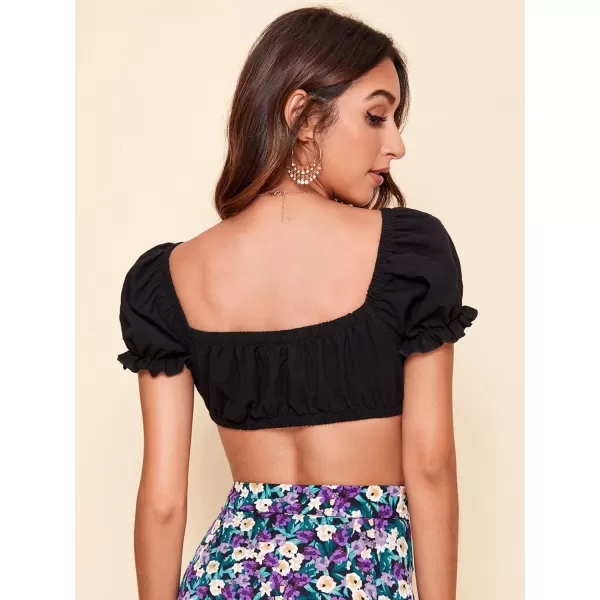 SweatyRocks Women's Sexy Tie Front Crop Top Deep V Neck Puff Short Sleeve Casual Blouse Shirt