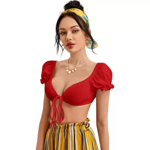SweatyRocks Women's Sexy Tie Front Crop Top Deep V Neck Puff Short Sleeve Casual Blouse Shirt