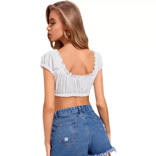 SweatyRocks Women's Sexy Tie Front Crop Top Deep V Neck Puff Short Sleeve Casual Blouse Shirt