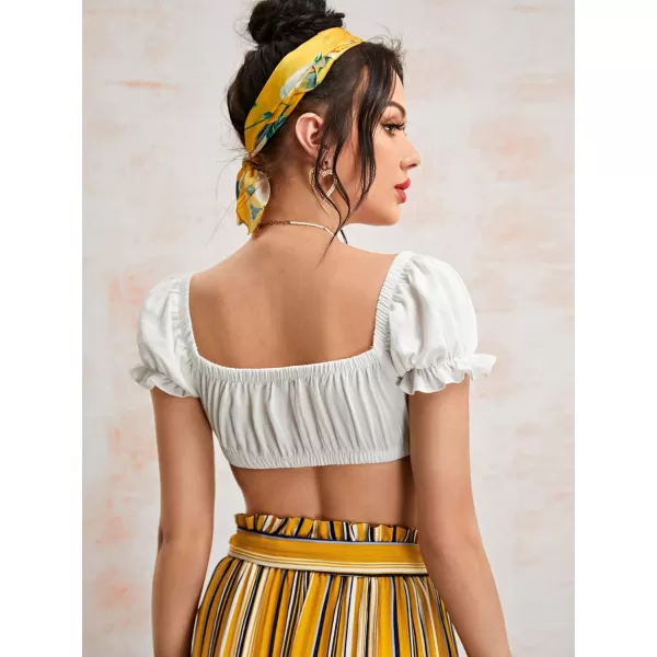SweatyRocks Women's Sexy Tie Front Crop Top Deep V Neck Puff Short Sleeve Casual Blouse Shirt