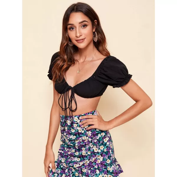 SweatyRocks Women's Sexy Tie Front Crop Top Deep V Neck Puff Short Sleeve Casual Blouse Shirt