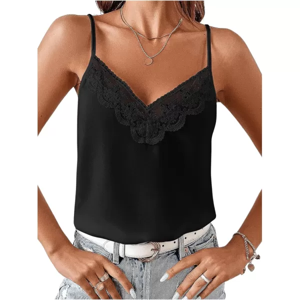 SweatyRocks Women's Sheer Lace V Neck Backless Tank Sleeveless Spaghetti Strap Tops