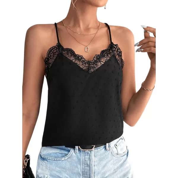 SweatyRocks Women's Sheer Lace V Neck Backless Tank Sleeveless Spaghetti Strap Tops