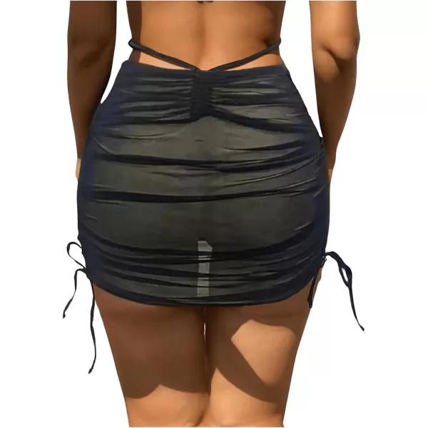 SweatyRocks Women's Sheer Mesh Drawstring Cover Up Skirt Ruched High Waist Coverups Beach Skirt