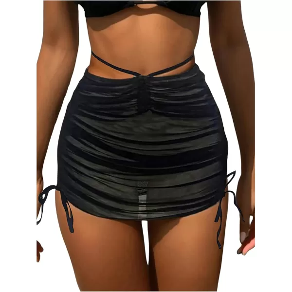 SweatyRocks Women's Sheer Mesh Drawstring Cover Up Skirt Ruched High Waist Coverups Beach Skirt