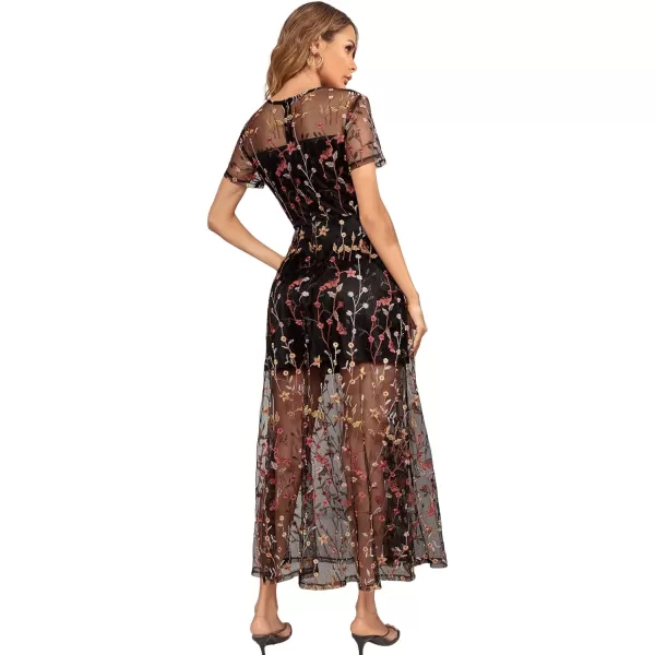 SweatyRocks Women's Sheer Mesh Short Sleeve Round Neck Dress Floral A Line Long Dresses