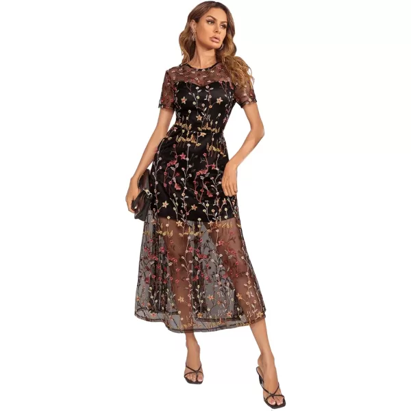 SweatyRocks Women's Sheer Mesh Short Sleeve Round Neck Dress Floral A Line Long Dresses