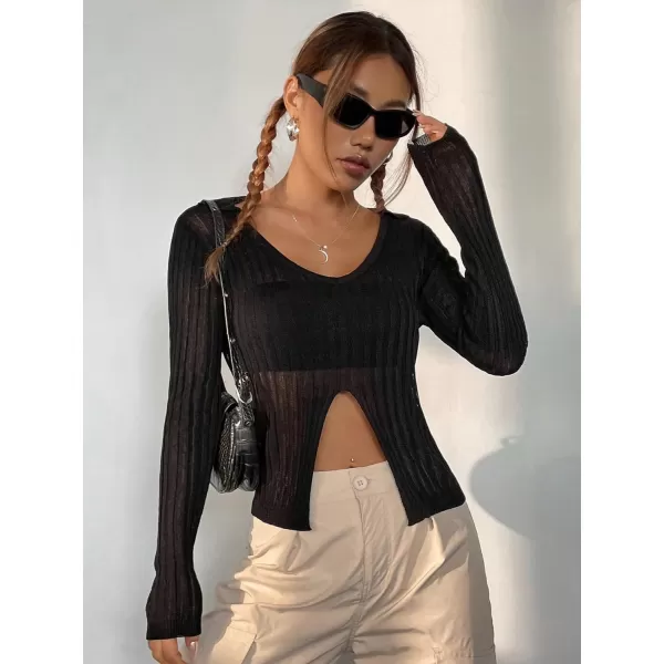 SweatyRocks Women's Sheer Split Hem Lightweight Sweater Long Sleeve V Neck Crop Top