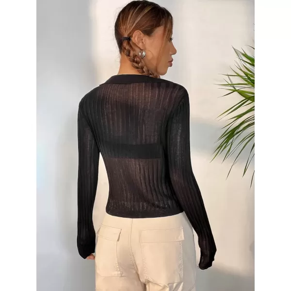 SweatyRocks Women's Sheer Split Hem Lightweight Sweater Long Sleeve V Neck Crop Top