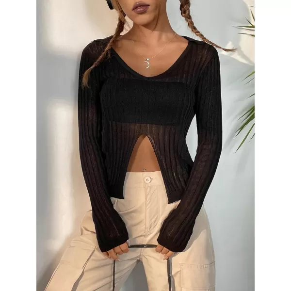 SweatyRocks Women's Sheer Split Hem Lightweight Sweater Long Sleeve V Neck Crop Top