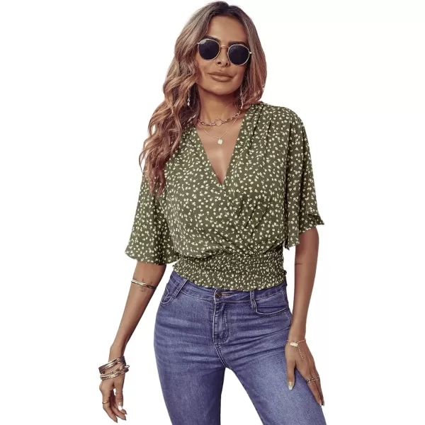 SweatyRocks Women's Short Butterfly Sleeve Ditsy Floral Wrap V Neck Shirred Blouse Crop Top