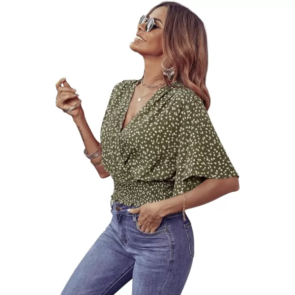SweatyRocks Women's Short Butterfly Sleeve Ditsy Floral Wrap V Neck Shirred Blouse Crop Top
