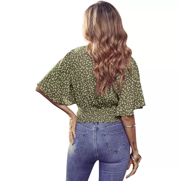 SweatyRocks Women's Short Butterfly Sleeve Ditsy Floral Wrap V Neck Shirred Blouse Crop Top