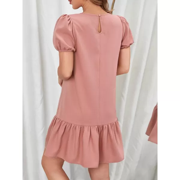 SweatyRocks Women's Short Puff Sleeve Ruffle Hem Mini Dress Casual Round Neck Solid Smock Dress
