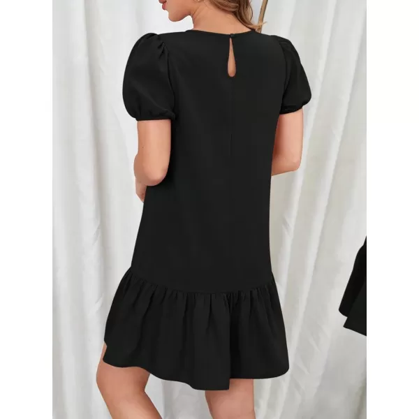 SweatyRocks Women's Short Puff Sleeve Ruffle Hem Mini Dress Casual Round Neck Solid Smock Dress