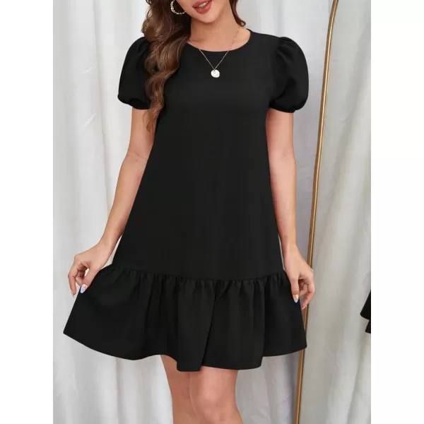 SweatyRocks Women's Short Puff Sleeve Ruffle Hem Mini Dress Casual Round Neck Solid Smock Dress