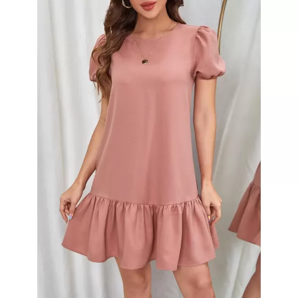 SweatyRocks Women's Short Puff Sleeve Ruffle Hem Mini Dress Casual Round Neck Solid Smock Dress