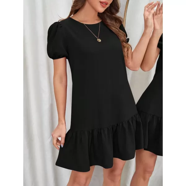 SweatyRocks Women's Short Puff Sleeve Ruffle Hem Mini Dress Casual Round Neck Solid Smock Dress