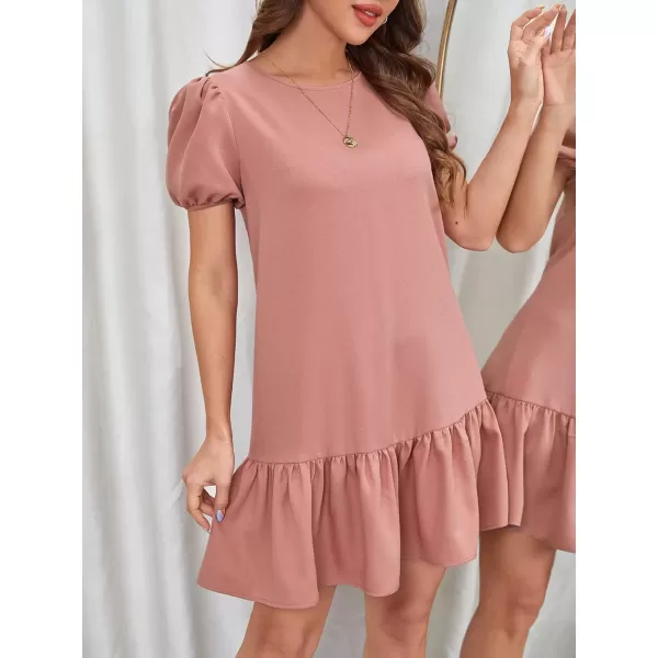 SweatyRocks Women's Short Puff Sleeve Ruffle Hem Mini Dress Casual Round Neck Solid Smock Dress