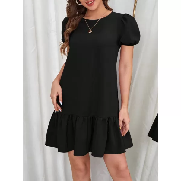 SweatyRocks Women's Short Puff Sleeve Ruffle Hem Mini Dress Casual Round Neck Solid Smock Dress