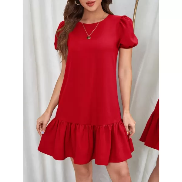 SweatyRocks Women's Short Puff Sleeve Ruffle Hem Mini Dress Casual Round Neck Solid Smock Dress