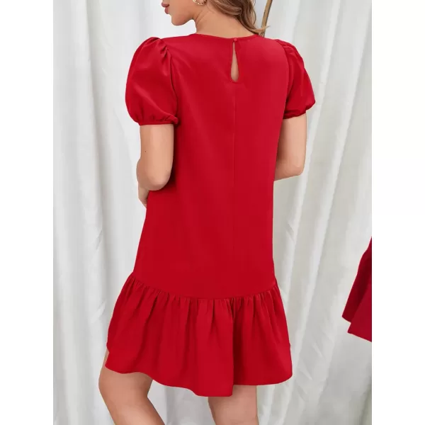 SweatyRocks Women's Short Puff Sleeve Ruffle Hem Mini Dress Casual Round Neck Solid Smock Dress