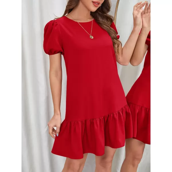 SweatyRocks Women's Short Puff Sleeve Ruffle Hem Mini Dress Casual Round Neck Solid Smock Dress