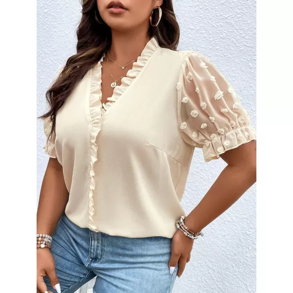 SweatyRocks Women's Short Puff Sleeve V Neck Shirt Swiss Dots Ruffle Trim Casual Blouse Top